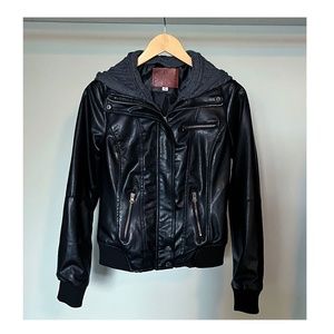 Black Faux Leather Moto Jacket with grey knit hood